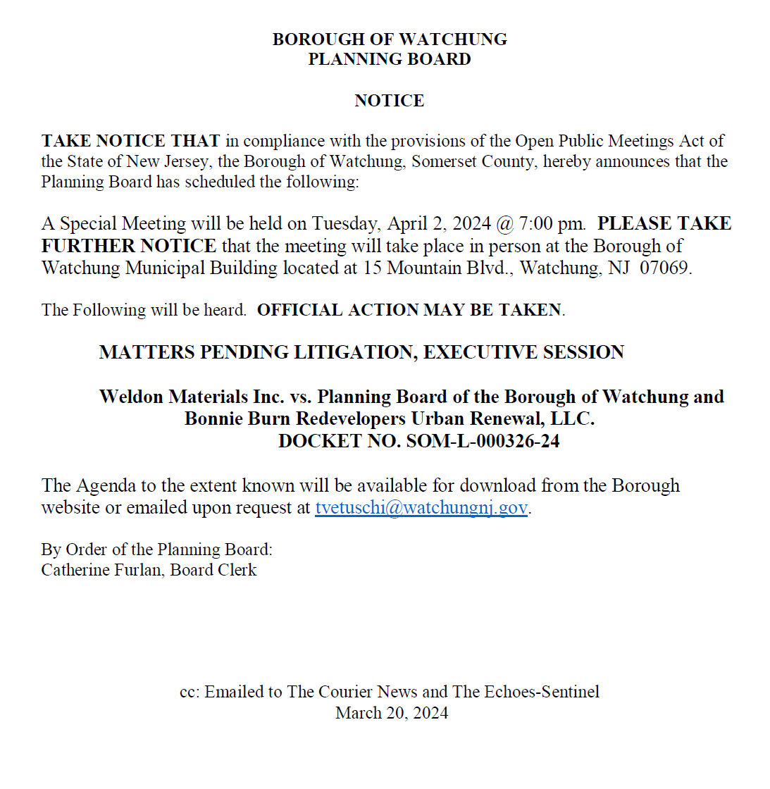 04-02-2024 Planning Board Special Meeting Notice