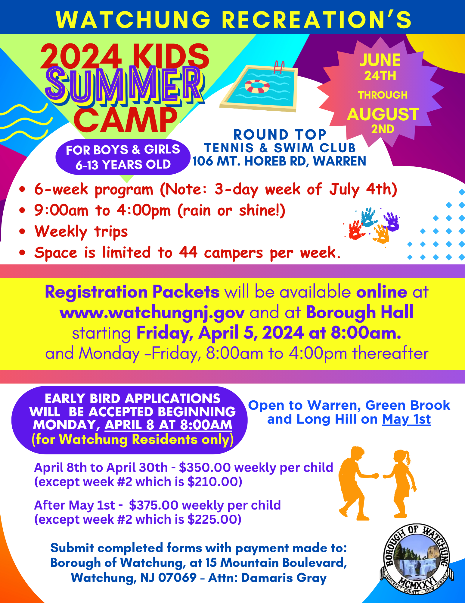 Colorful summer camp flyer with informational text about the program