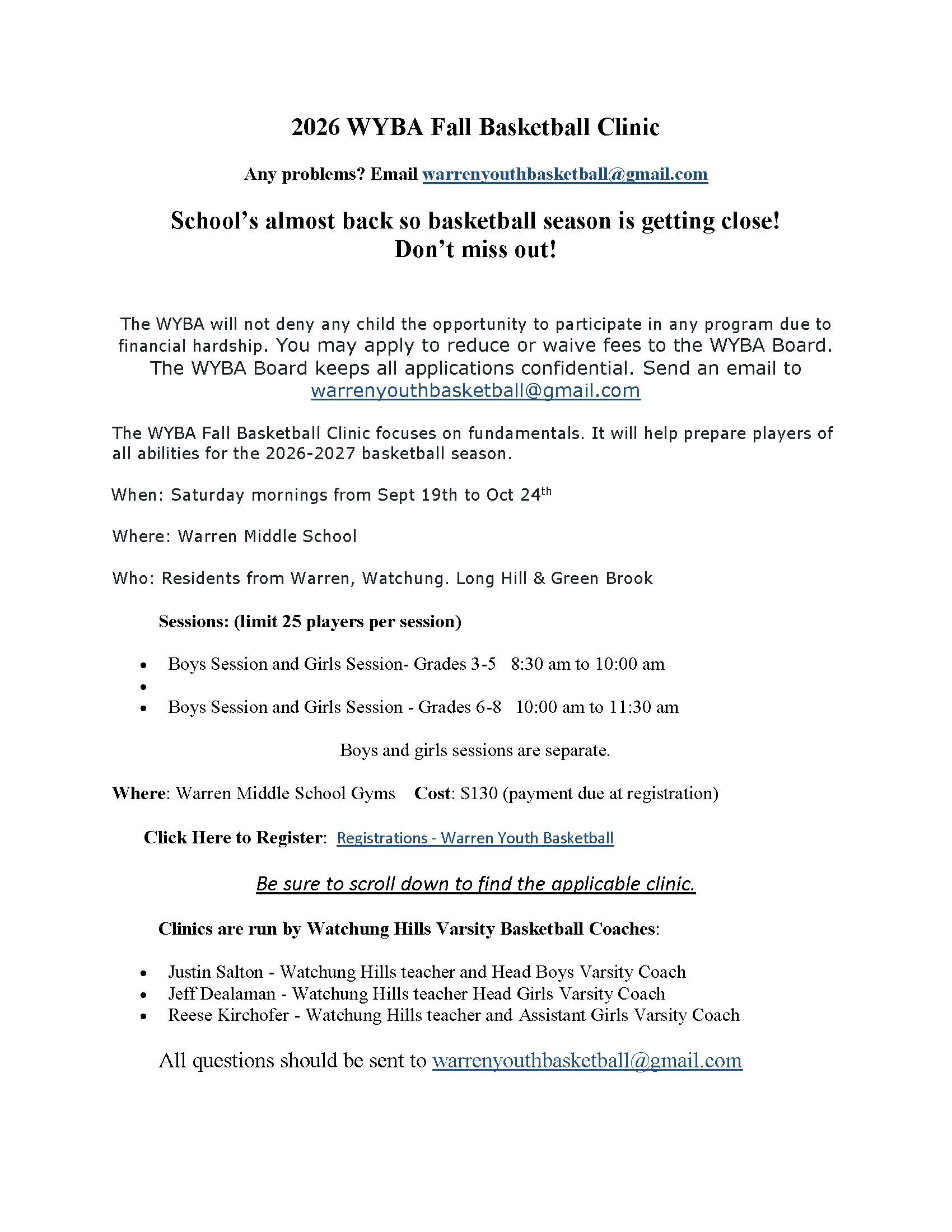 2026 Fall WYBA Basketball flyer.